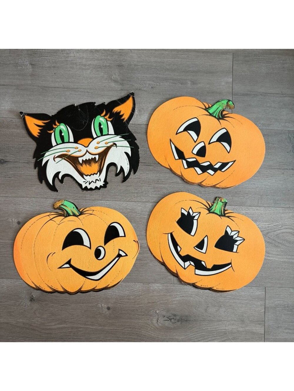 Vintage Halloween Beistle Jack O Lantern Pumpkins & Cat Die Cut - Lot of 4